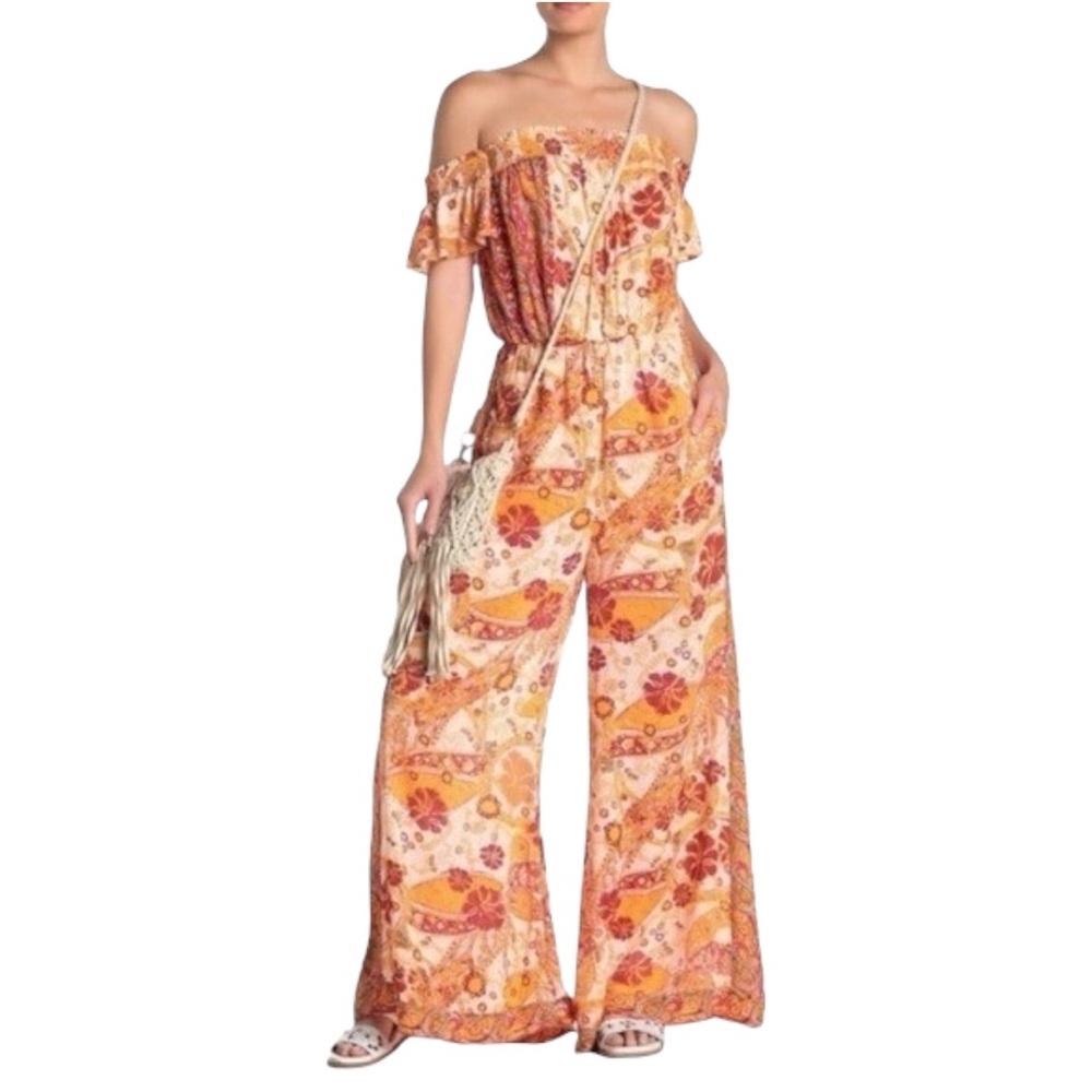 Free People Carmen Boho Floral Orange Jumpsuit Flowy size small